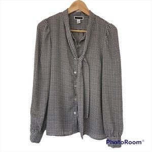 ANOTHER STORY BLACK/WHITE HERRINGBONE PUSSYBOW TIE BUTTON DOWN BLOUSE, SMALL